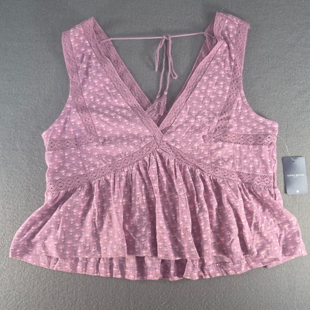 NWT Lucky Brand Small Purple Floral Crochet Trim Babydoll Tank Top Peplum Cami